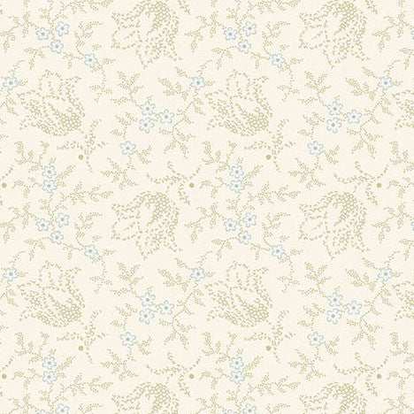 Special Delivery Garden Tulip Lace fabric with blues, creams, vintage florals, houses, and postal motifs by Edyta Sitar