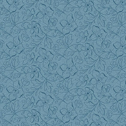 Special Delivery Garden Path Slate fabric with dreamy blues and vintage floral postal motifs by Edyta Sitar