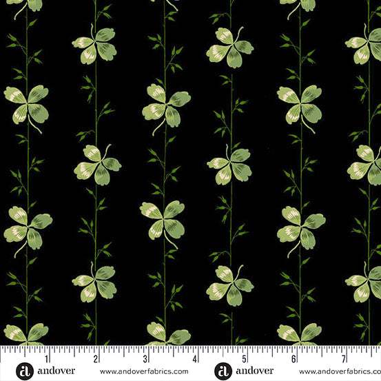 Little Clover by Andover Fabrics black fabric with green clover stripe pattern
