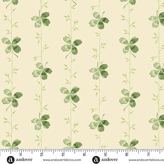 Little Clover by Andover Fabrics white clover stripe fabric with green clover pattern on cream background