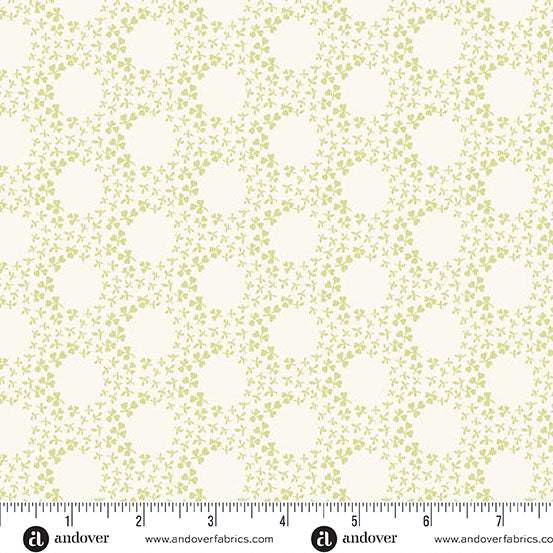 Little Clover fabric with white clover rings pattern by Andover Fabrics, spring-themed sewing material