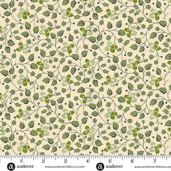 Little Clover white fabric with green creeping clover pattern by Andover Fabrics
