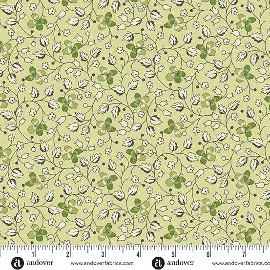 Little Clover fabric by Andover featuring grellow creeping clover pattern with green clovers and delicate flowers