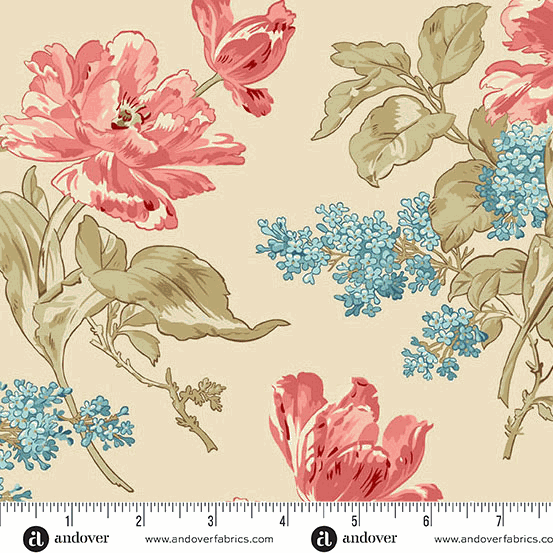 Lighthouse by Edyta Sitar floral fabric with pink and blue flowers on beige background