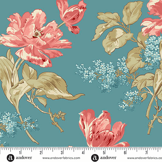 Lighthouse by Edyta Sitar floral fabric with pink blooms on blue background for quilting