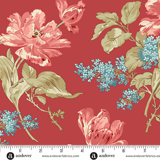 Lighthouse by Edyta Sitar floral fabric with red background and blue accents