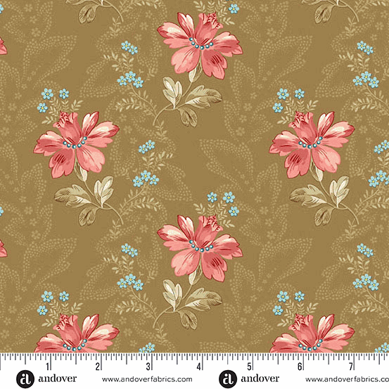 Lighthouse by Edyta Sitar floral fabric with pink flowers and blue accents on brown background