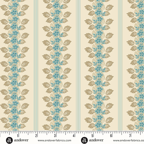 Lighthouse by Edyta Sitar fabric with blue floral stripes on beige background from Andover Fabrics