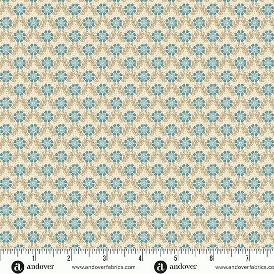 Lighthouse by Edyta Sitar fabric with blue floral pattern on beige background from Andover Fabrics