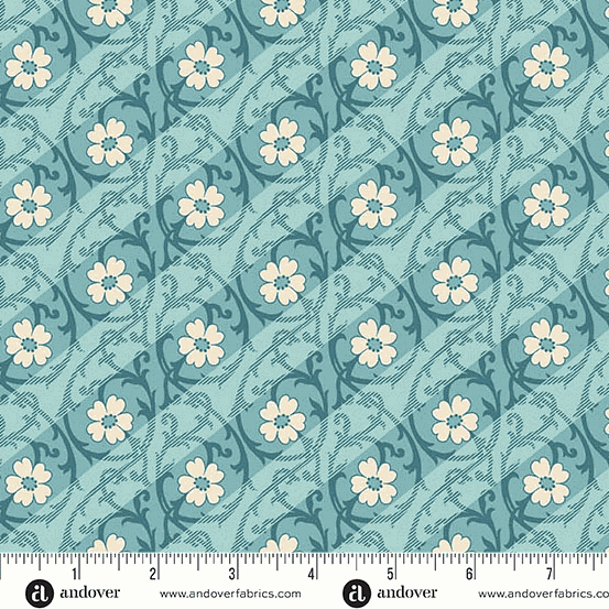 Lighthouse by Edyta Sitar floral fabric in blue with cream flowers and diagonal stripes for quilting