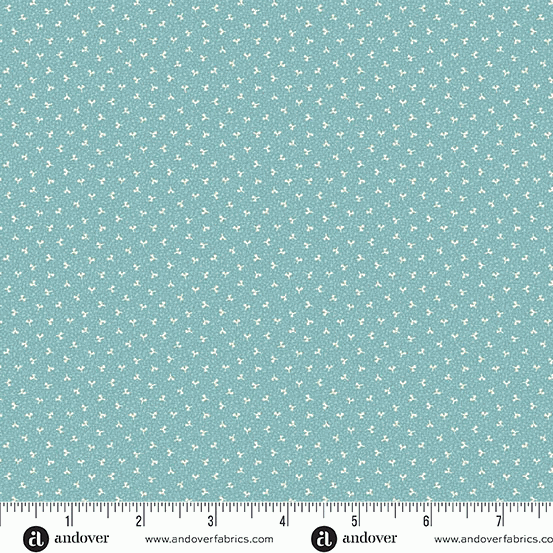 Lighthouse by Edyta Sitar Clear Sky Sea Glass fabric with small white floral pattern on blue background