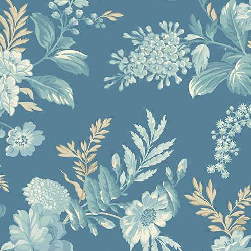 Blue floral and bird motif fabric in soft blues and neutrals Sewing Bird Bed of Roses Indigo pattern by Edyta Sitar