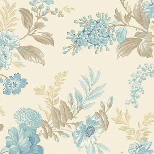 Sewing Bird Bed floral linen fabric with soft blue and neutral tones by Edyta Sitar
