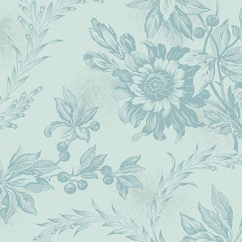 Sewing Bird Embroidery fabric in soft blue with floral and bird motifs by Edyta Sitar