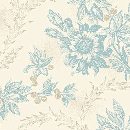 Sewing Bird Embroidery fabric by Edyta Sitar with blue floral and neutral wheat motifs