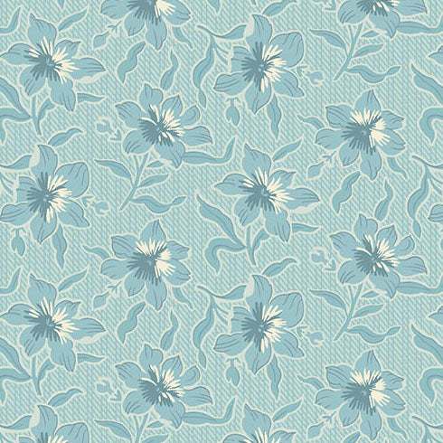 Sewing Bird Lilly Glacier fabric by Edyta Sitar with soft blue floral and sewing motifs on cream background