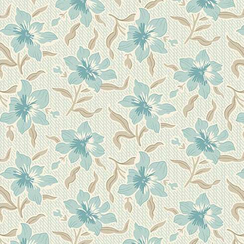 Sewing Bird Lilly Water fabric with soft blue floral and neutral sewing-themed motifs on cream background