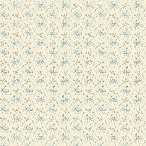 Sewing Bird Pin Cushion wool fabric with blue scissors and thread spool motifs on cream background