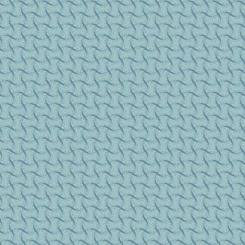 Sewing Bird Ribbon Weave Denim fabric by Edyta Sitar featuring soft blue tones with bird and sewing motifs