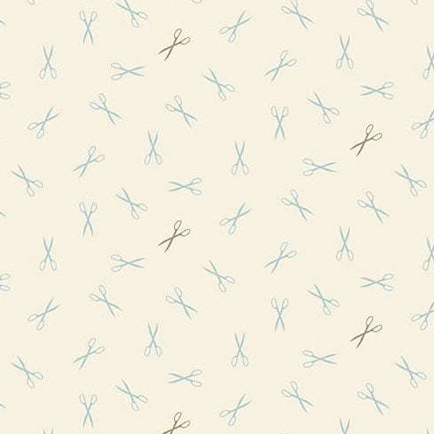 Sewing Bird Good Scissors fabric with blue and neutral scissor prints on cream background