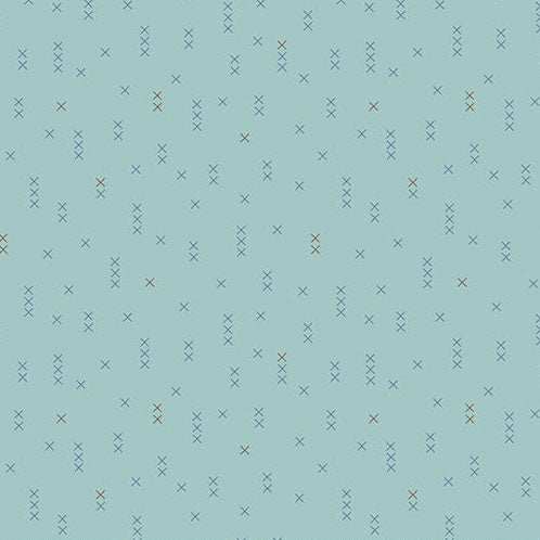 Sewing Bird Cross Stitch Velvet fabric by Edyta Sitar in soft blue with cross stitch and sewing motifs