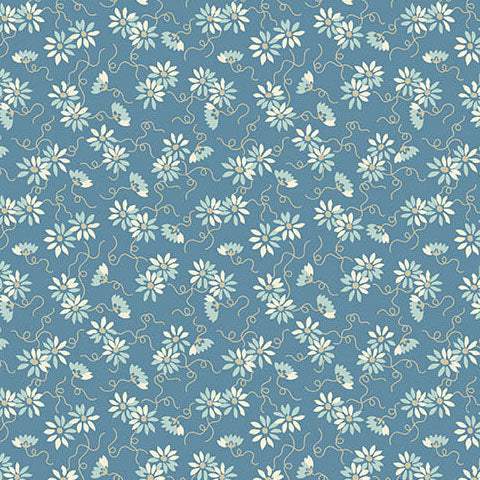 Sewing Bird Daisy Chain fabric with soft blue background, white daisies, birds, and sewing motifs by Edyta Sitar