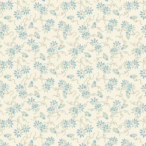 Sewing Bird Daisy Chain fabric with blue flowers and sewing motifs on cream background by Edyta Sitar