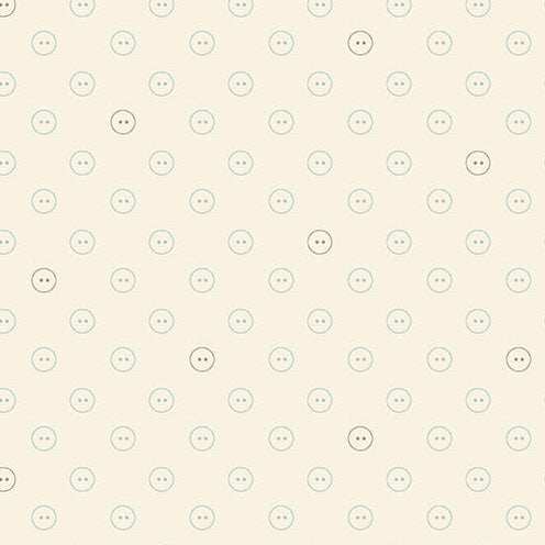 Sewing Bird Buttons fabric with soft blue and neutral button motifs on cream background by Edyta Sitar