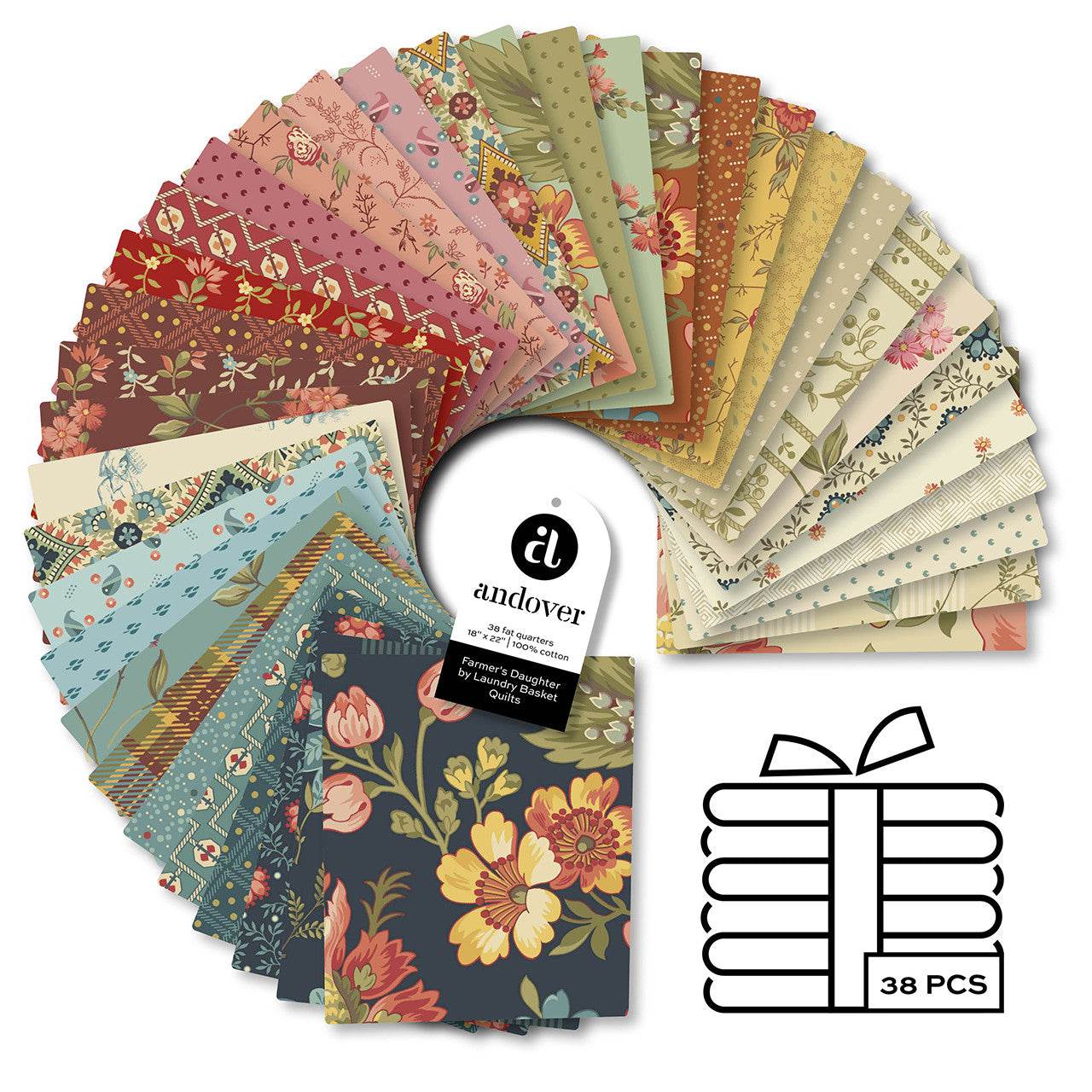 Farmer's Daughter Fat Quarter Bundle with 38 floral and vintage-inspired fabric pieces in muted colors by Edyta Sitar for Andover Fabrics