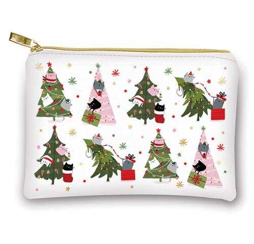 Glam Bag vinyl pouch with Christmas tree cats design, 8x5.5 inches