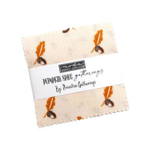 Pumpkin Spice Mini Charm fall-themed cotton fabric squares by Primitive Gatherings for Moda Fabrics