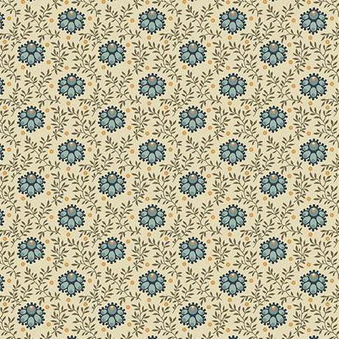 Farmer's Daughter Milkweed Lilac fabric by Edyta Sitar with vintage floral pattern in blue and beige tones