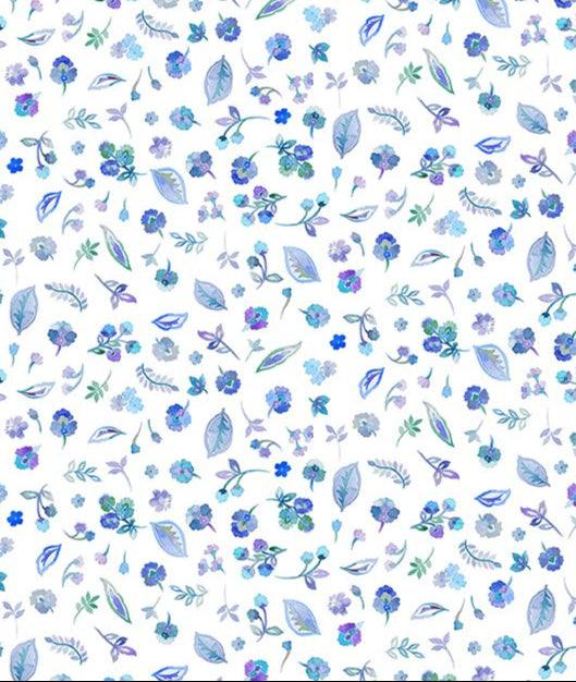 Daydreams Petite Flowers Blue fabric with small blue floral and leaf pattern on white background