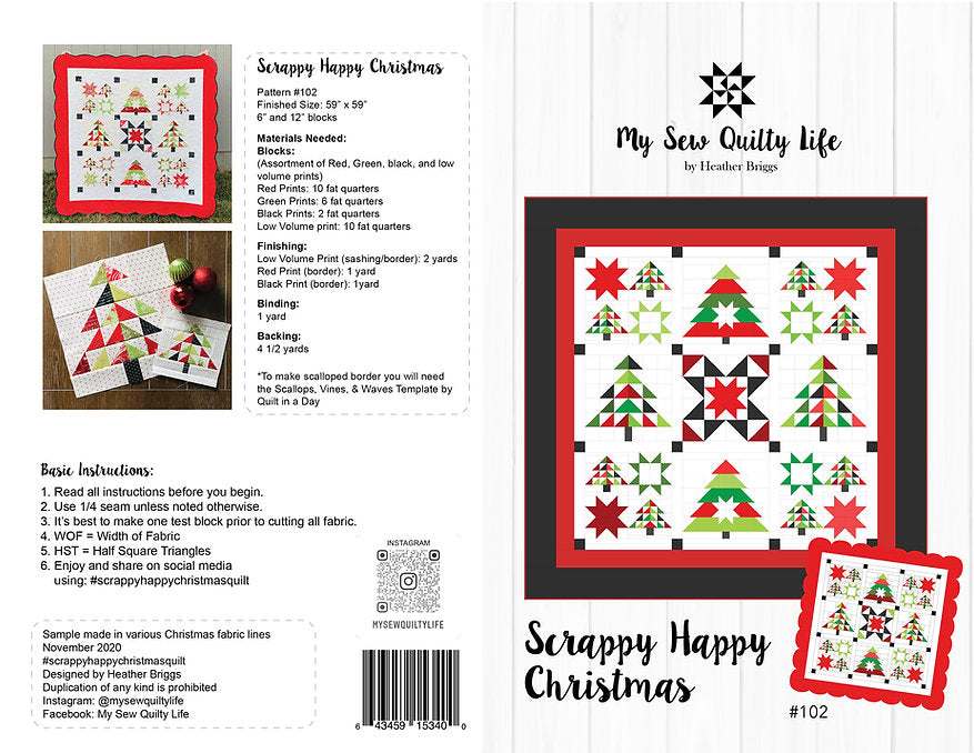 Scrappy Happy Christmas quilt pattern by Heather Briggs featuring Christmas tree and star blocks in red, green, black, and white colors with scalloped border design.