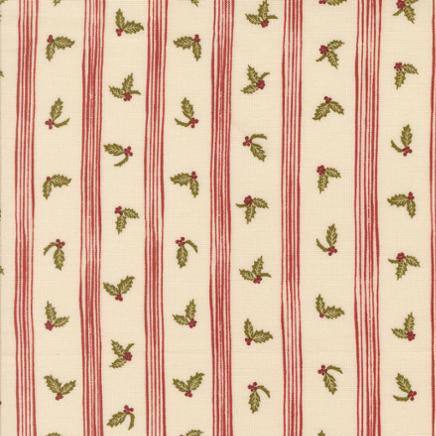 Old World Yuletide Holly Stripes fabric with eggshell background and red stripes by Moda Fabrics