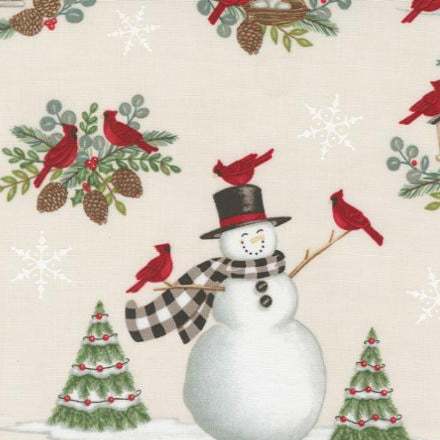 Winter Friends Snowy White fabric with snowman, cardinals, pinecones, snowflakes, and decorated trees by Deb Strain for Moda Fabrics