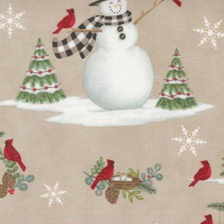 Winter Friends Fog fabric by Deb Strain featuring snowmen, cardinals, pinecones, snowflakes, and winter greenery