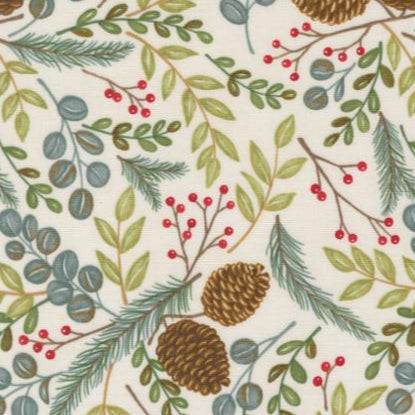 Winter Friends Snowy White fabric with pinecones, red berries, and winter greenery by Deb Strain for Moda Fabrics