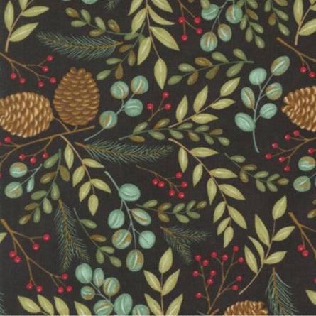 Winter Friends fabric by Deb Strain featuring pinecones, berries, and winter greenery on charcoal black background