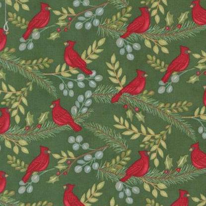 Winter Friends Spruce fabric with red cardinals and winter greenery on green background by Deb Strain