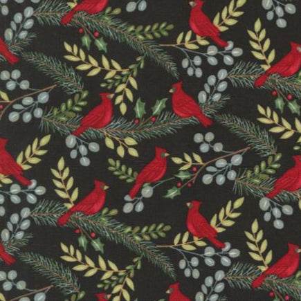 Winter Friends Charcoal Black fabric with red cardinals and winter greenery by Deb Strain for Moda Fabrics