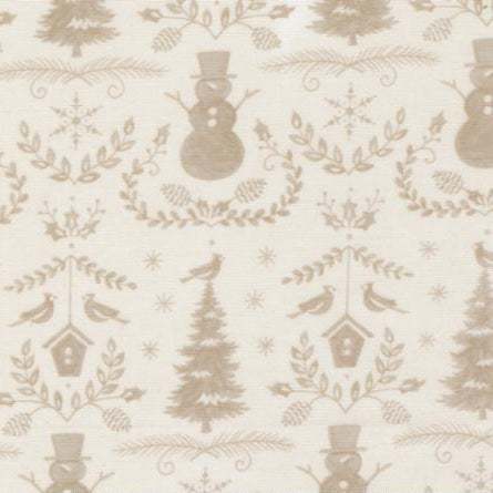 Winter Friends Snowy White fabric with snowmen, cardinals, pinecones, and winter greenery pattern by Deb Strain for Moda Fabrics