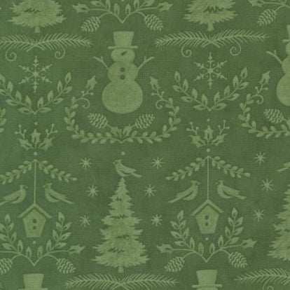Winter Friends Spruce fabric by Deb Strain with snowmen, pinecones, birds, and winter greenery pattern on green background