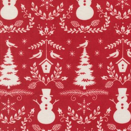Winter Friends Berry Red fabric with snowmen, cardinals, trees, and winter greenery pattern
