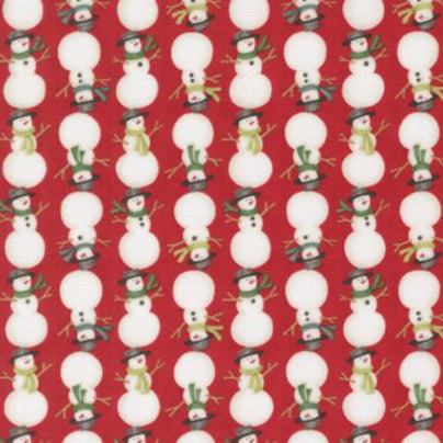 Winter Friends fabric pattern with snowmen on berry red background by Deb Strain for Moda Fabrics