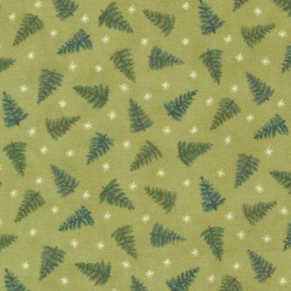 Winter Friends fabric with green pine trees and white snowflakes pattern by Deb Strain for Moda Fabrics