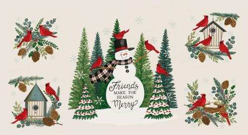 Winter Friends snowy white panel with cardinals, snowman, pinecones, and winter greenery by Deb Strain for Moda Fabrics