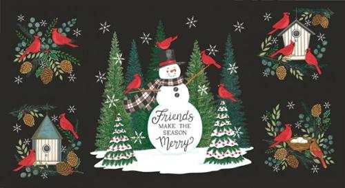 Winter Friends charcoal black fabric panel with snowman, cardinals, pinecones, and winter trees by Deb Strain for Moda Fabrics