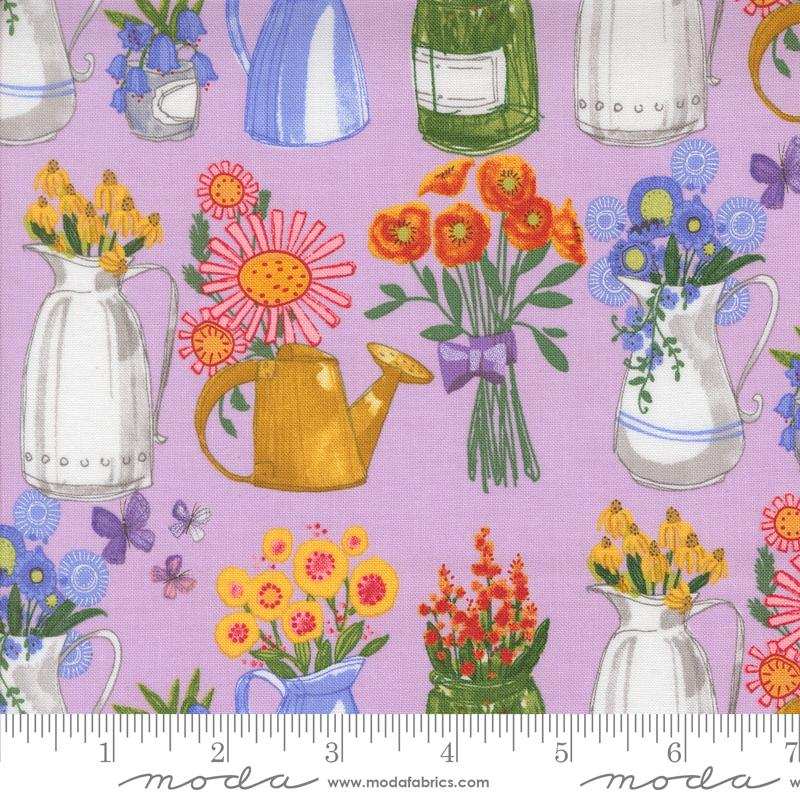 Superbloom Freesia fabric by Robin Pickens featuring colorful floral pitchers and vases on lavender cotton fabric