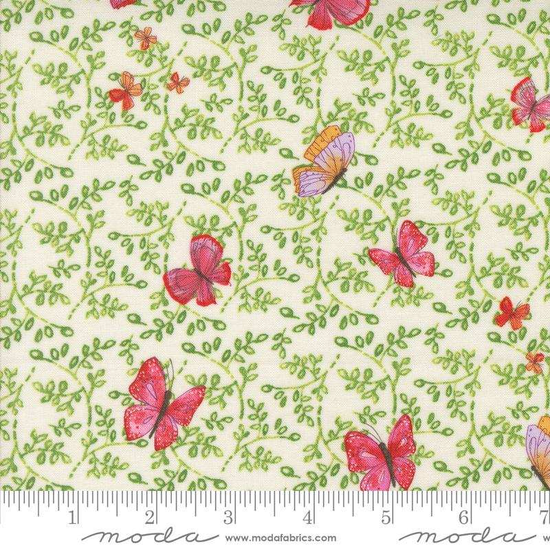 Superbloom Cream fabric with floral and butterfly print on cream background by Moda Fabrics